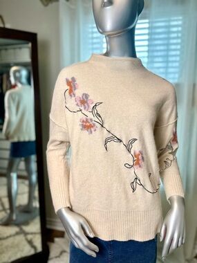 Anthropologie Cashmere Mock Neck Sweater Small Floral Cream Pink